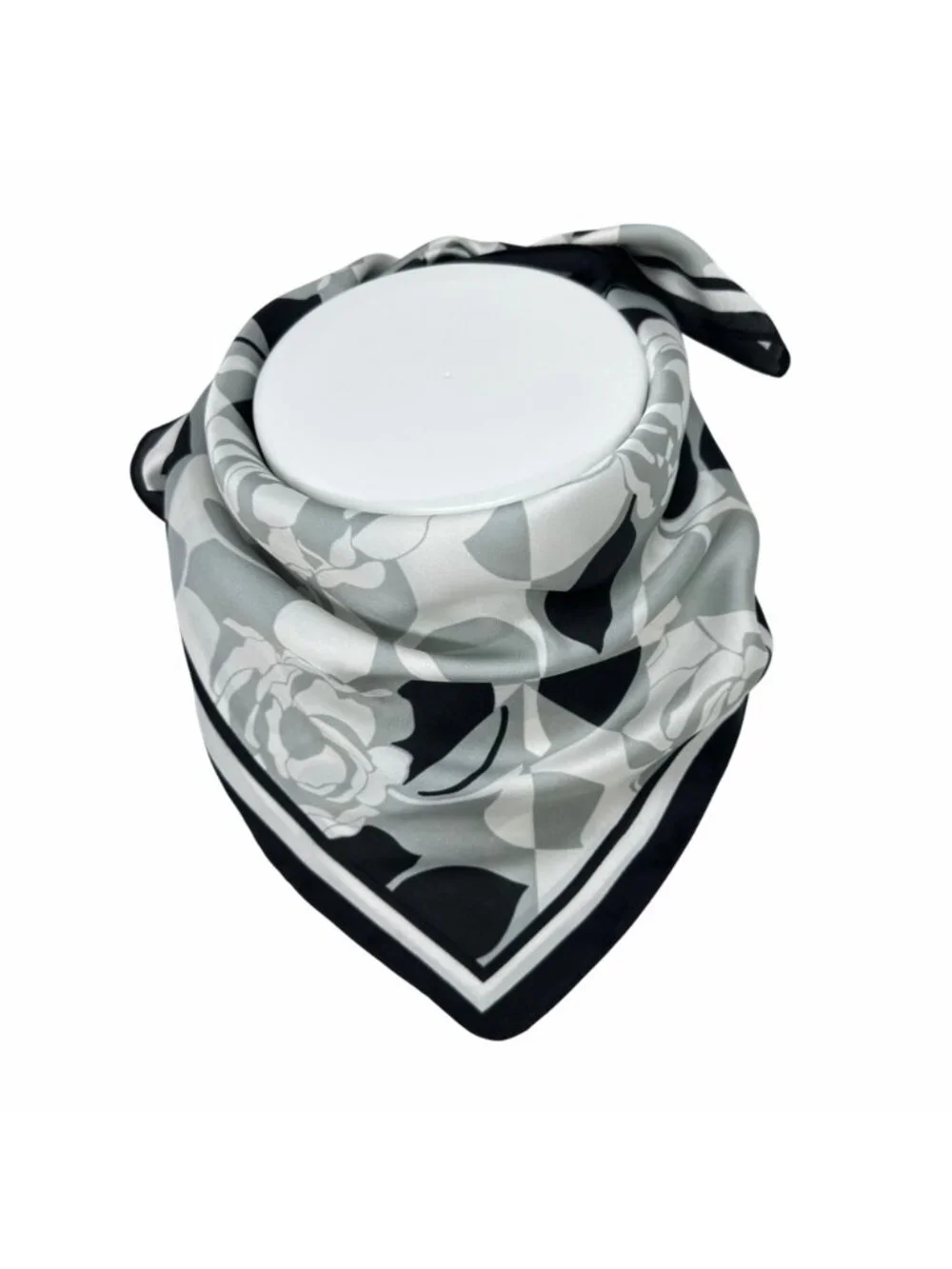 Luxury Silk Feel Scarf Gray White Black Abstract Geometric Floral Square Bandana